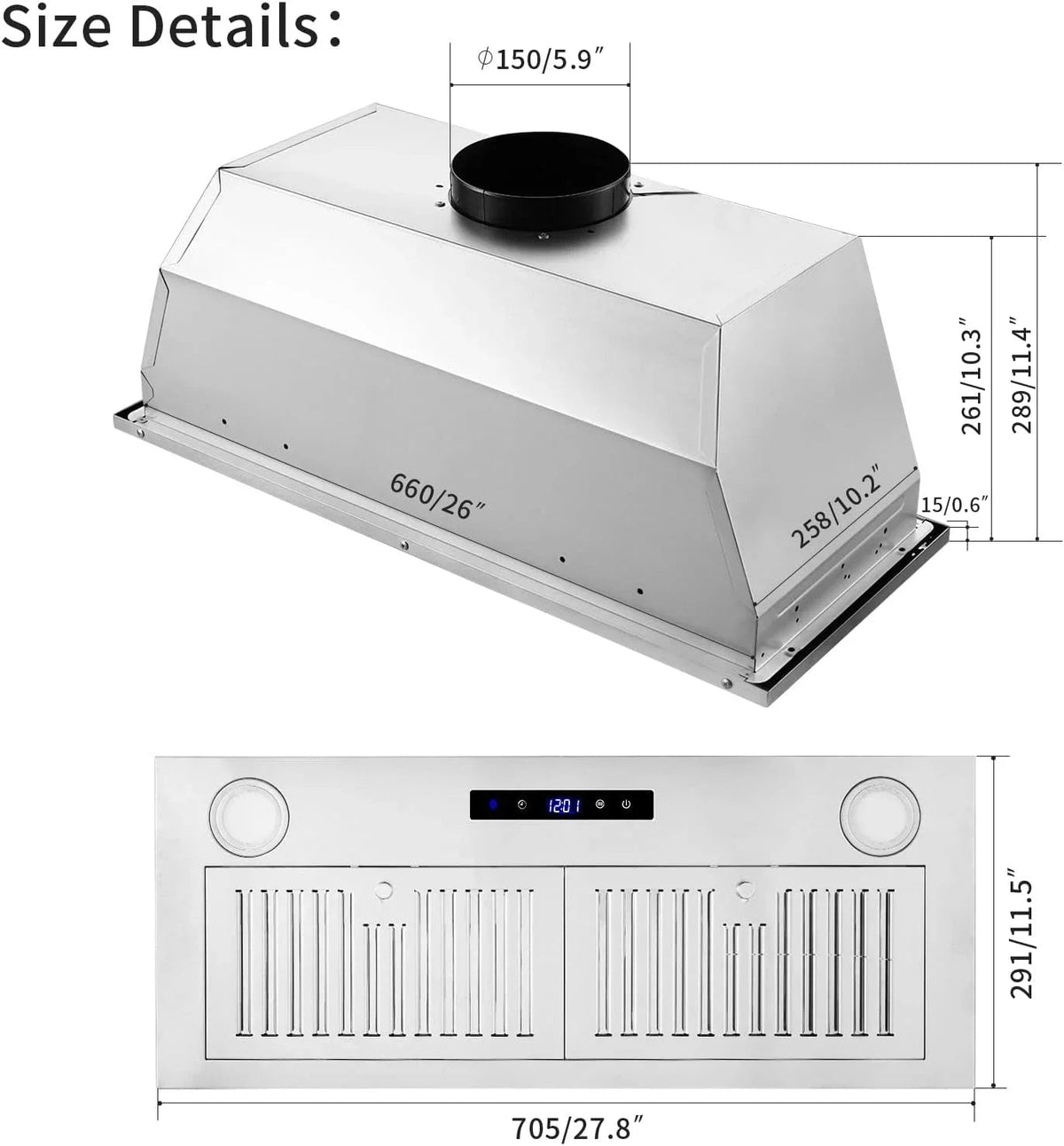 Zomagas 30 Inch 600 CFM Stainless Steel Range Hood Insert With LED Lights - USGB1370TCWM