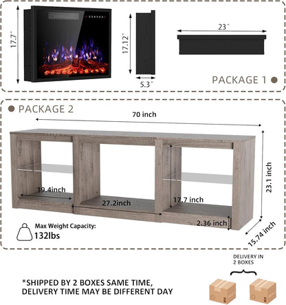70 Inch Fireplace TV Stand For TVs Up To 80 Inches With 23 Inch Electric Fireplace Insert - Gray