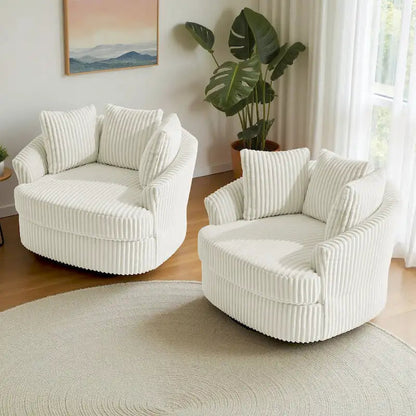 2-Piece Oversized 43 W Plush Corduroy Swivel Barrel Chairs With Pillows