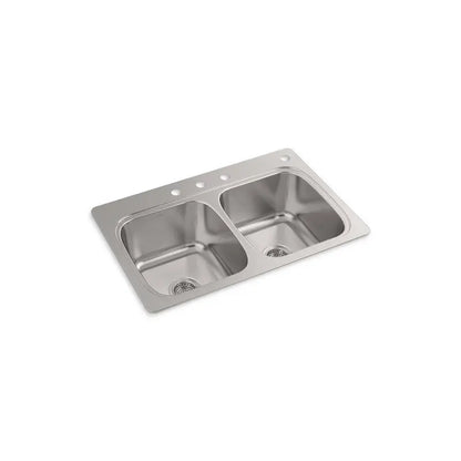 KOHLER Verse 33 in Drop-In Double Bowl 20 Gauge Stainless Steel Kitchen Sink, 4-Hole - K-RH5267-4-NA