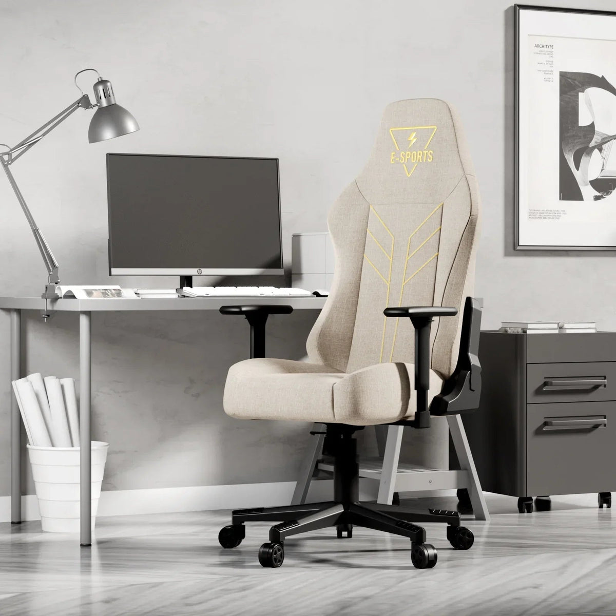 Bigzzia High Back Ergonomic Gaming Chair With 3D Armrests, Beige