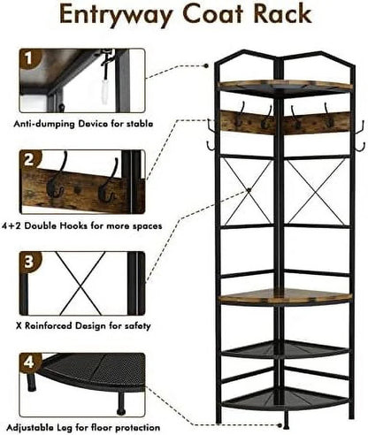 MQLIFEBOOM 3-in-1 Corner Entryway Hall Tree With Bench, Shoe Rack And Coat Rack, Rustic Brown/Black, 17.72in x 17.72in x 72.05in
