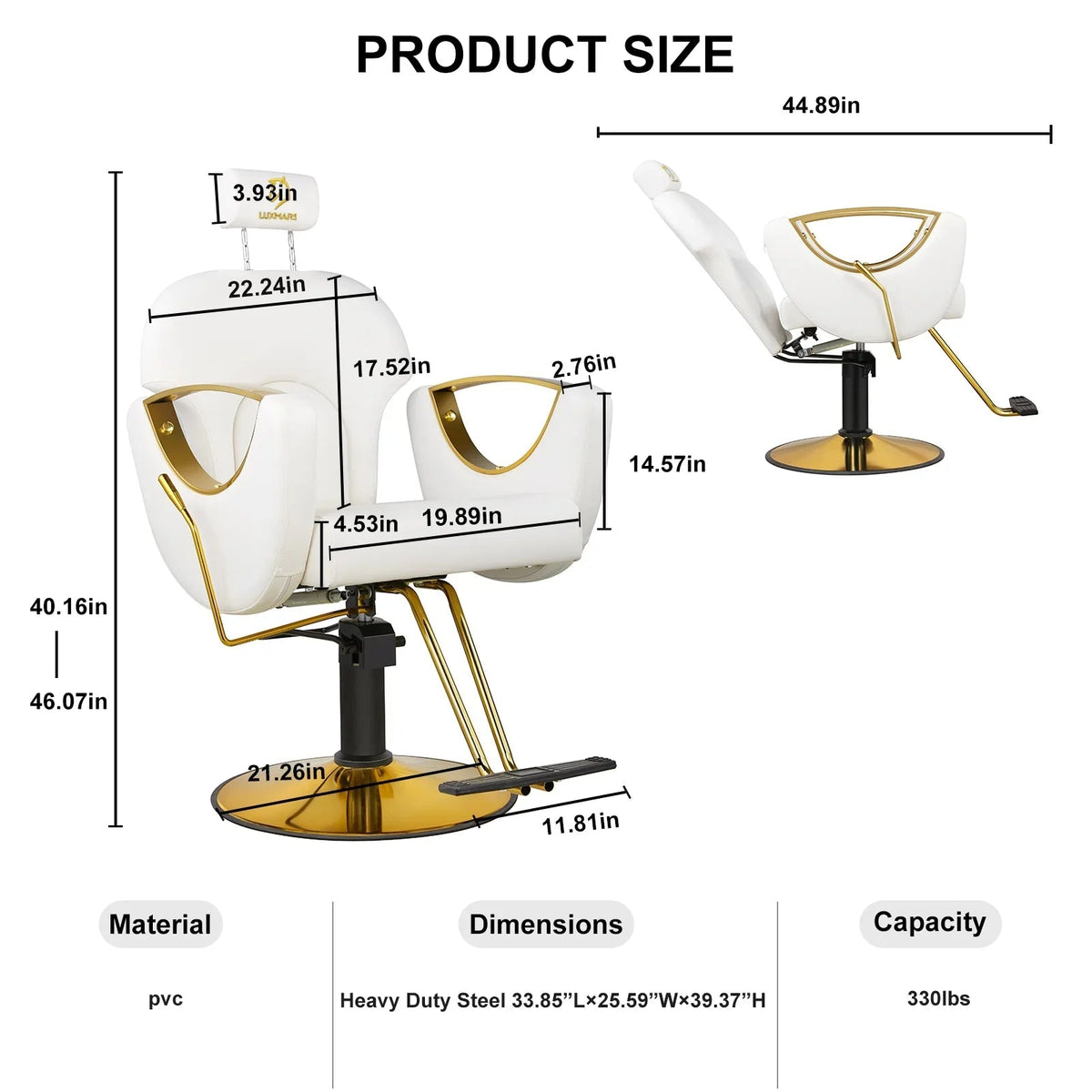 LUXMARS Reclining Hydraulic Barber Chair, White, 40 Inches To 46 Inches