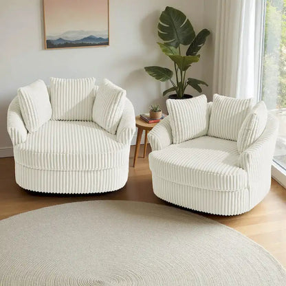 2-Piece Oversized 43 W Plush Corduroy Swivel Barrel Chairs With Pillows