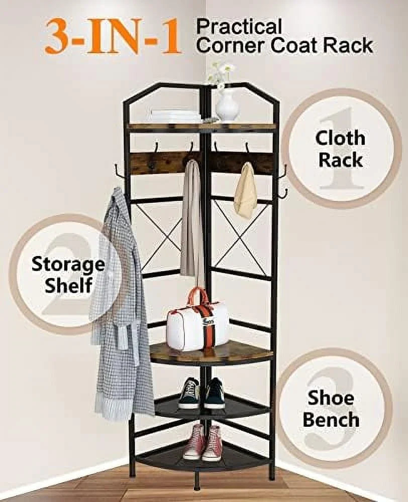 MQLIFEBOOM 3-in-1 Corner Entryway Hall Tree With Bench, Shoe Rack And Coat Rack, Rustic Brown/Black, 17.72in x 17.72in x 72.05in