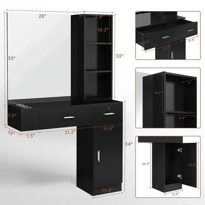 OmySalon Wall Mount Salon Station With Mirror, 1 Storage Cabinet, 2 Drawers And 3-Tier Shelf - Black