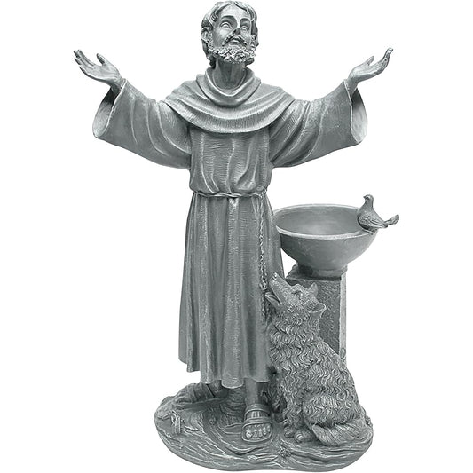 Francis Of Assisi Blessing Garden Statue With Bird Feeder - 19-Inch Gray Stone Finish