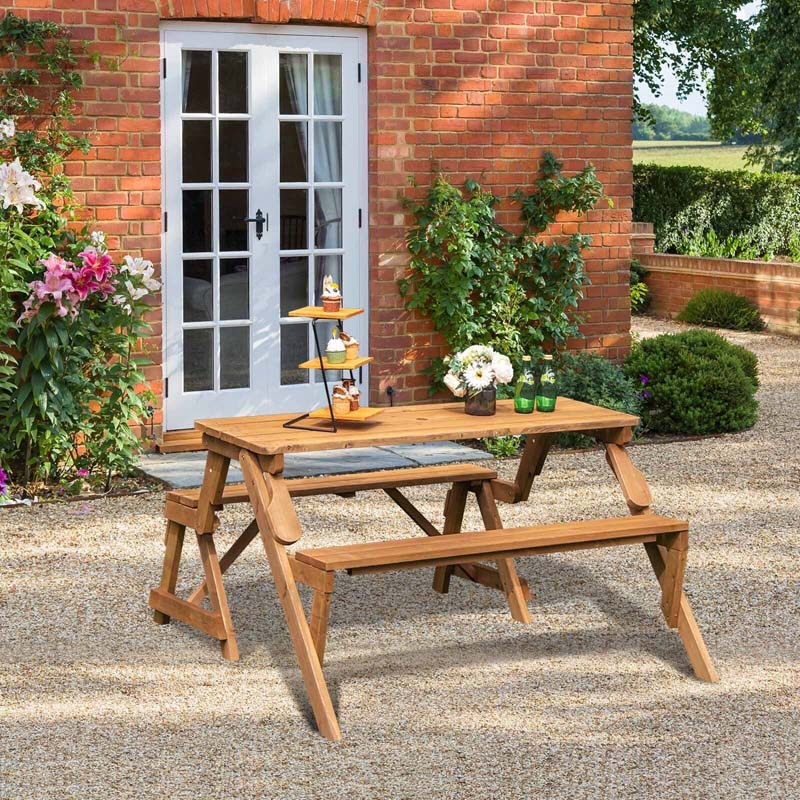 2-in-1 Convertible Fir Wood Picnic Table And Garden Bench, 4-Person, Dark Golden Brown - 56 x 53 x 30 in