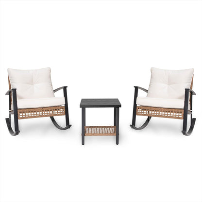 LAUSAINT HOME 3-Piece Rattan Rocking Bistro Set With 2-Tier Coffee Table, Beige