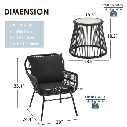 3-Piece Outdoor Rattan Bistro Set With Glass-Top Table, Wide-Arm Chairs And Seat Cushions