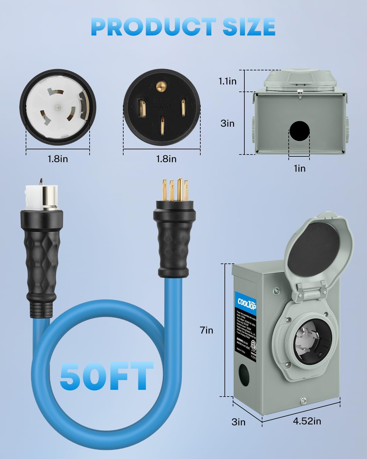 COOLTOP 50 Amp Generator Cord And Power Inlet Box Kit, 50FT STW 6/3+8/1 AWG, 125/250V - NEMA 14-50P To SS2-50R