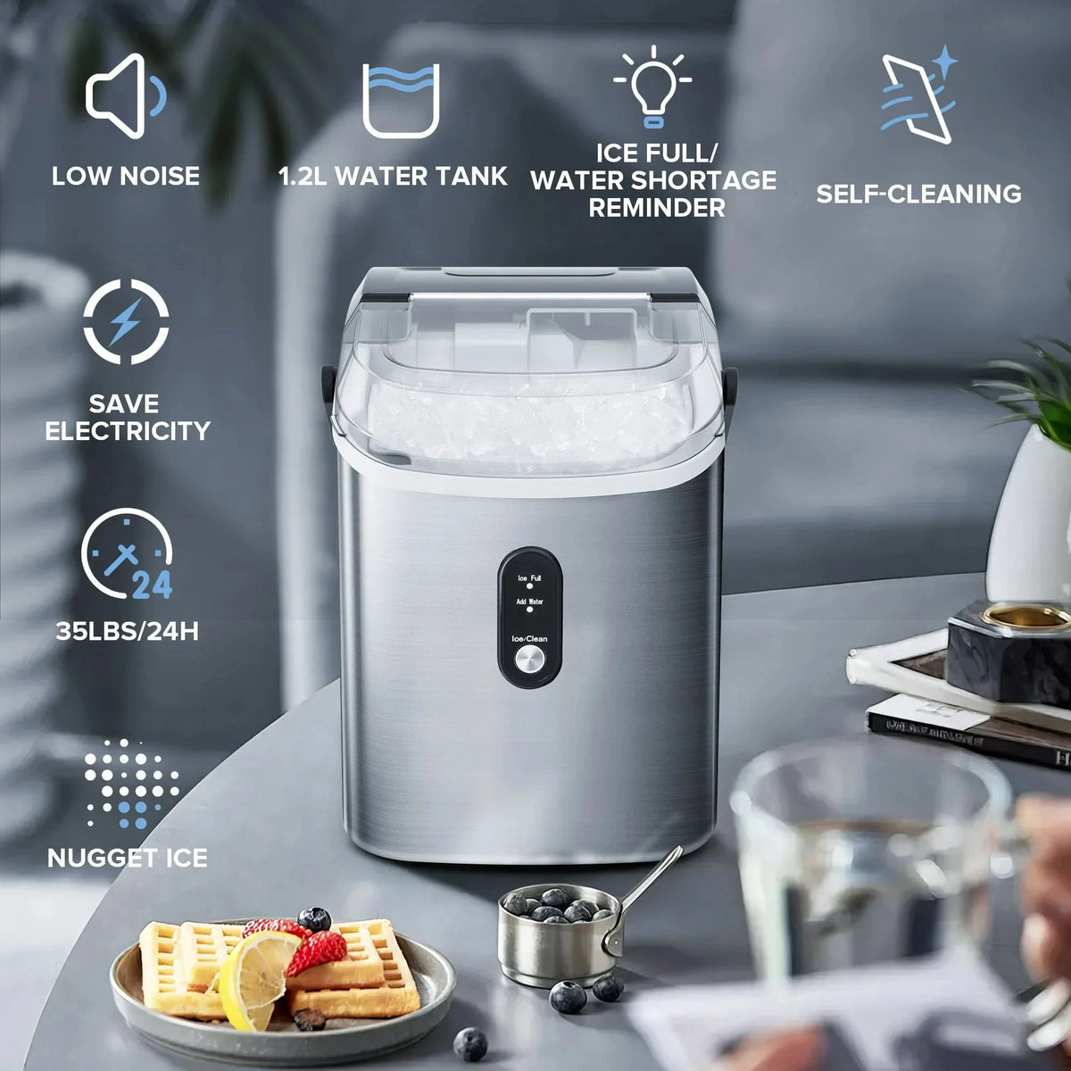 Auseo Countertop Nugget Ice Maker, 35Lbs/24H, 1.1L, Stainless Steel Silver - Self-Cleaning