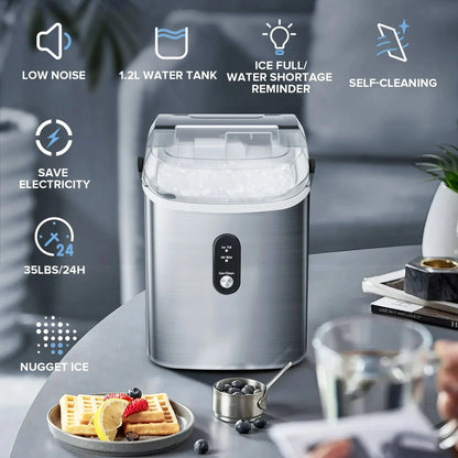 Auseo Countertop Nugget Ice Maker, 35Lbs/24H, 1.1L, Stainless Steel Silver - Self-Cleaning