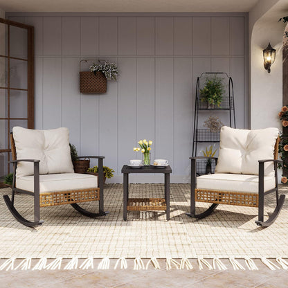 LAUSAINT HOME 3-Piece Rattan Rocking Bistro Set With 2-Tier Coffee Table, Beige