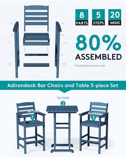 SERWALL 3-Piece Adirondack Bar Height Chair And Table Set, Blue