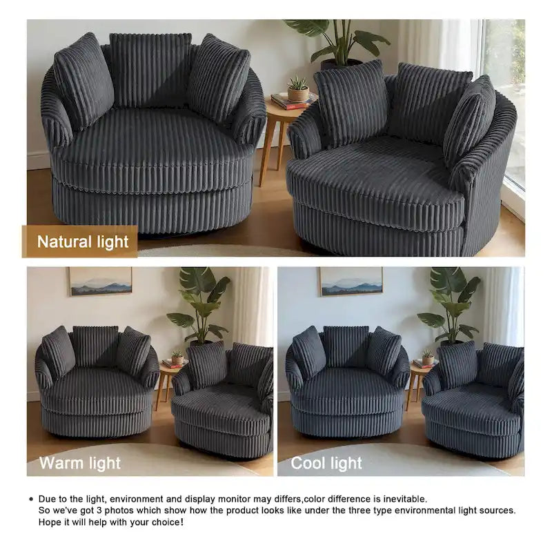 2-Piece Oversized 43 W Plush Corduroy Swivel Barrel Chairs With Pillows