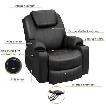 Electric Power Lift Recliner Chair With Leather Massage, Lumbar Heating, 8 Vibrating Nodes, Cup Holders And USB Port