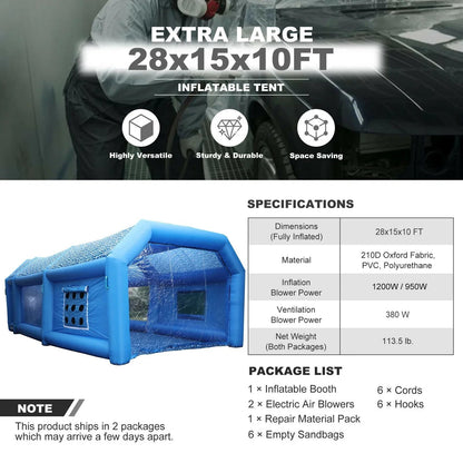 Urbanest Inflatable Spray Paint Booth 28x15x11FT With 2 Blowers - 950W And 350W