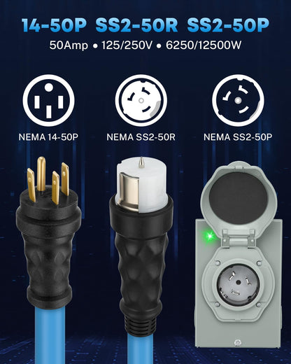 COOLTOP 50 Amp Generator Cord And Power Inlet Box Kit, 50FT STW 6/3+8/1 AWG, 125/250V - NEMA 14-50P To SS2-50R