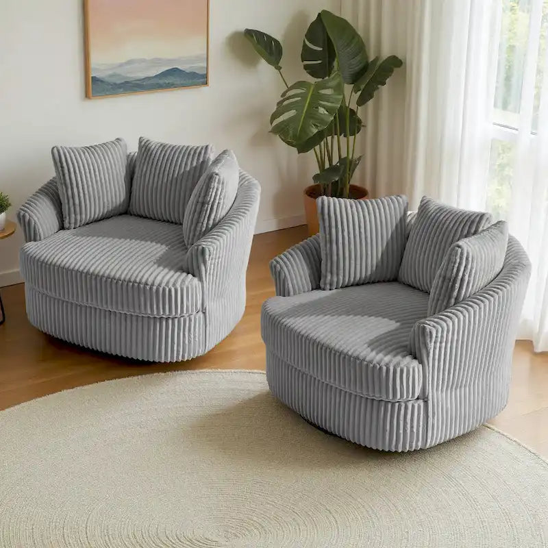 2-Piece Oversized 43 W Plush Corduroy Swivel Barrel Chairs With Pillows