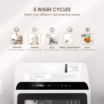 NOVETE Countertop Dishwasher, 5 L Water Tank, 5 Programs, White - TDQR01