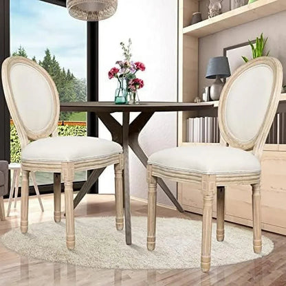 MQLIFEBOOM French Dining Chair With Oval Backrest - Linen Fabric Upholstered Solid Wood
