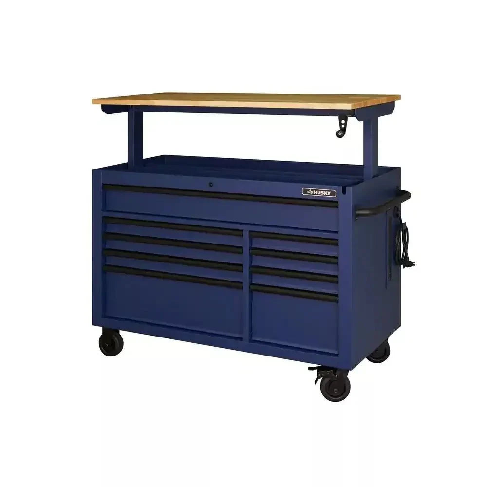 Heavy-Duty 52 in. 9-Drawer Mobile Workbench With Adjustable-Height Solid Wood Top - Matte Blue