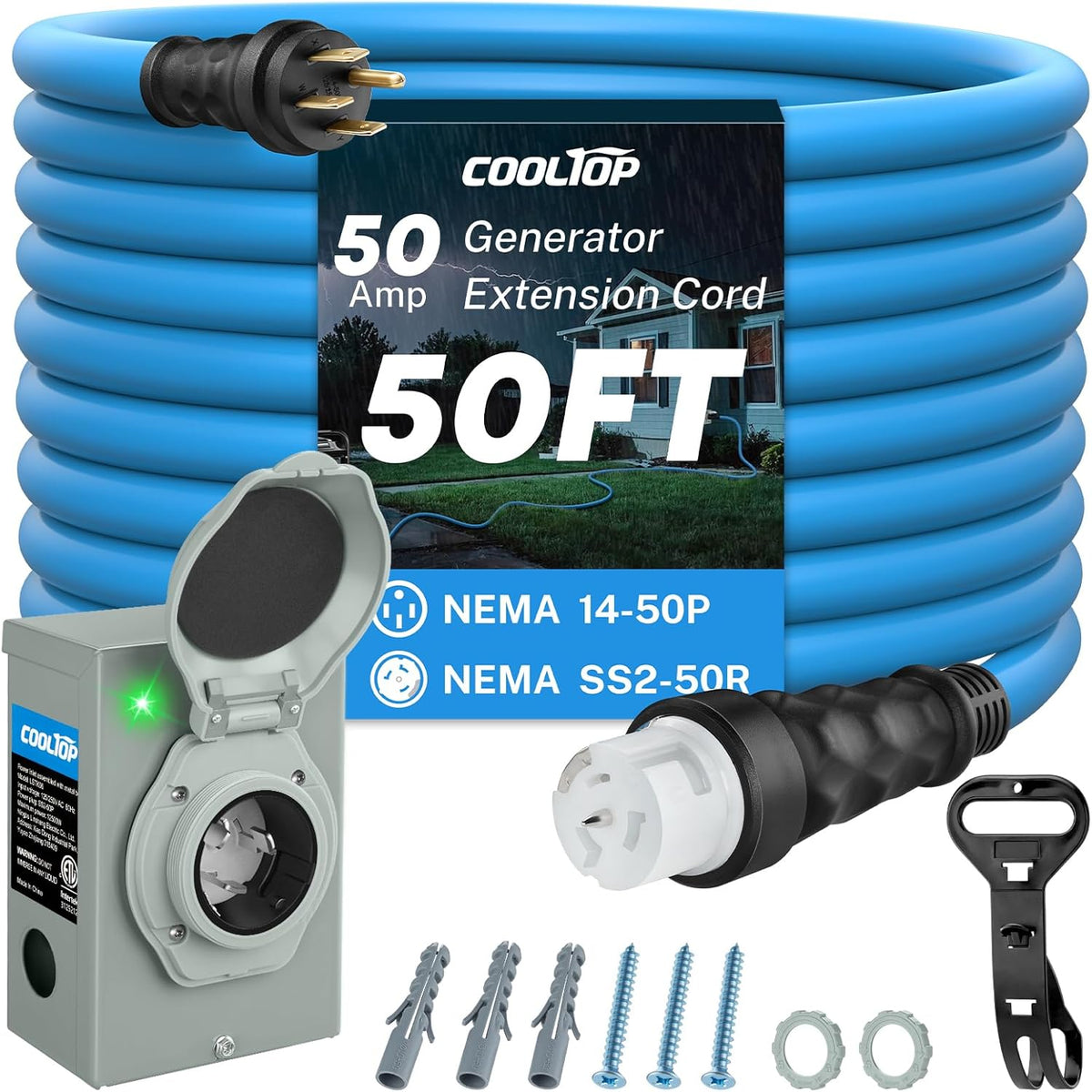 COOLTOP 50 Amp Generator Cord And Power Inlet Box Kit, 50FT STW 6/3+8/1 AWG, 125/250V - NEMA 14-50P To SS2-50R