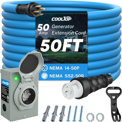 COOLTOP 50 Amp Generator Cord And Power Inlet Box Kit, 50FT STW 6/3+8/1 AWG, 125/250V - NEMA 14-50P To SS2-50R