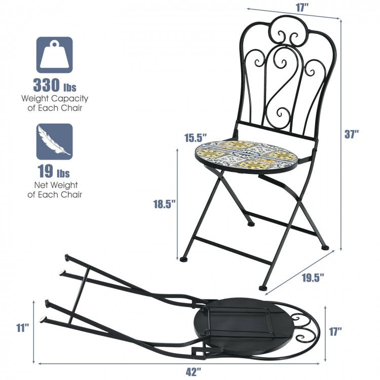 2-Piece Mosaic Folding Bistro Chairs With Ceramic Tile Seats - Black