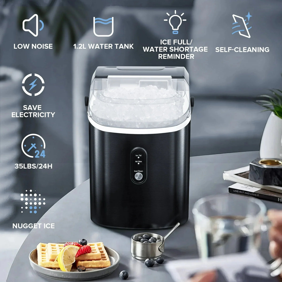Auseo Countertop Nugget Ice Maker, 35Lbs/24H, 1.1L, Stainless Steel Silver - Self-Cleaning