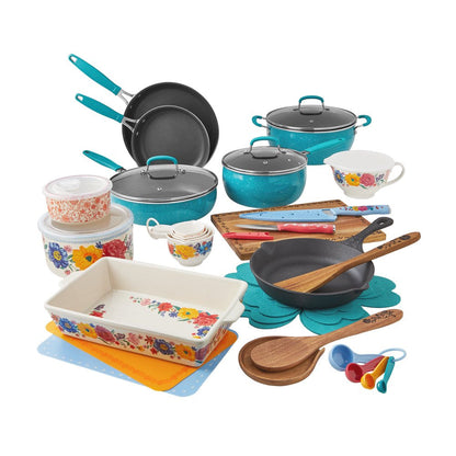 38-Piece Teal Cookware Set With Floral Design