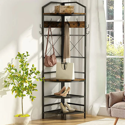 Corner Coat Rack Hall Tree With Shoe Bench, 6 Metal Hooks, Rustic Brown And Black, 17.72in x 17.72in x 72.05in