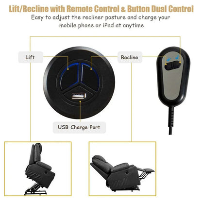 Electric Power Lift Recliner Chair With Leather Massage, Lumbar Heating, 8 Vibrating Nodes, Cup Holders And USB Port