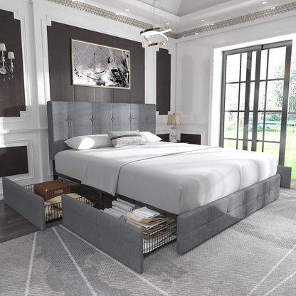Allewie Upholstered Queen Platform Bed Frame With 4 Storage Drawers And Adjustable Headboard