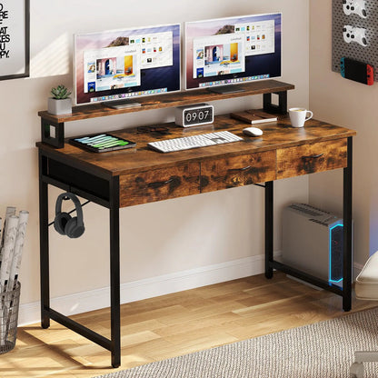 Computer Desk With 3 Fabric Drawers And Monitor Stand