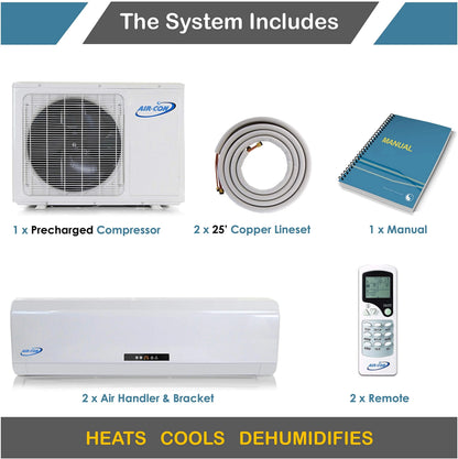 2 Zone Ductless Mini Split Air Conditioner, 9000/12000 BTU, 21 SEER