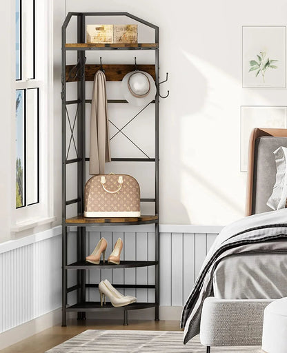 Corner Coat Rack Hall Tree With Shoe Bench, 6 Metal Hooks, Rustic Brown And Black, 17.72in x 17.72in x 72.05in