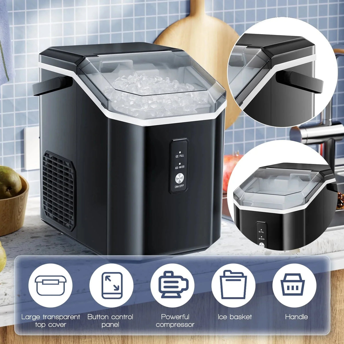 Auseo Countertop Nugget Ice Maker, 35Lbs/24H, 1.1L, Stainless Steel Silver - Self-Cleaning