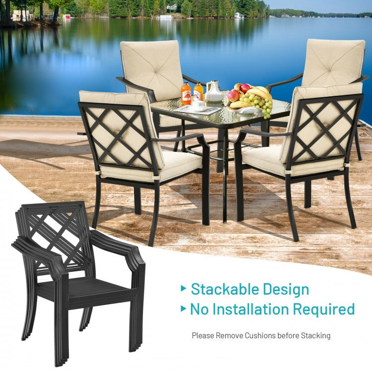 4-Piece Outdoor Dining Chair Set With Removable Cushions, Black Frame And Beige Cushions - 27 x 24 x 35 in