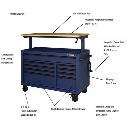 Heavy-Duty 52 in. 9-Drawer Mobile Workbench With Adjustable-Height Solid Wood Top - Matte Blue