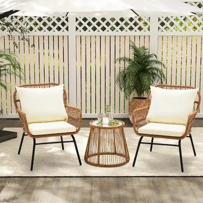 3-Piece Outdoor Rattan Bistro Set With Glass-Top Table, Wide-Arm Chairs And Seat Cushions