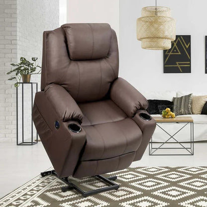 Electric Power Lift Recliner Chair With Leather Massage, Lumbar Heating, 8 Vibrating Nodes, Cup Holders And USB Port
