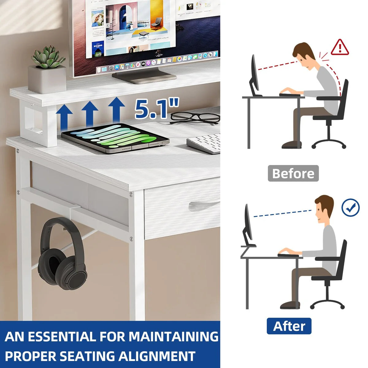 Computer Desk With 3 Fabric Drawers And Monitor Stand