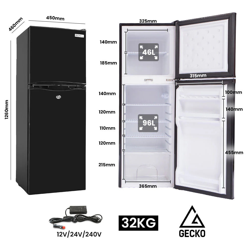GECKO Upright Portable Fridge Freezer, 142L, 12V/24V/240V, Black - CMPFRUGK14KA