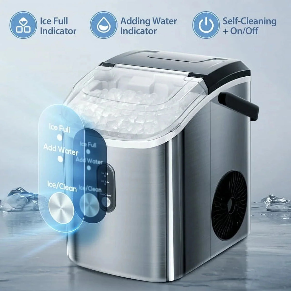 Auseo Countertop Nugget Ice Maker, 35Lbs/24H, 1.1L, Stainless Steel Silver - Self-Cleaning