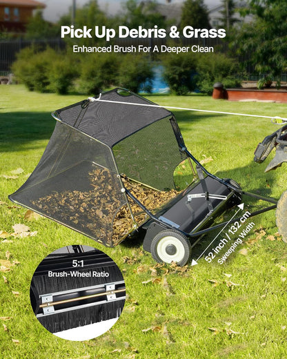 VEVOR Tow-Behind Lawn Sweeper, 52 in, 26 cu.ft.