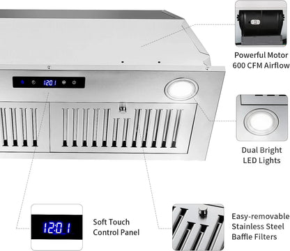 Zomagas 30 Inch 600 CFM Stainless Steel Range Hood Insert With LED Lights - USGB1370TCWM