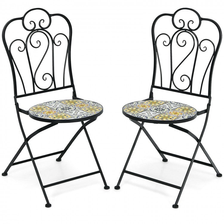 2-Piece Mosaic Folding Bistro Chairs With Ceramic Tile Seats - Black