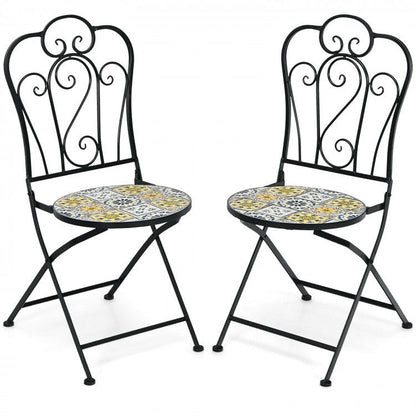 2-Piece Mosaic Folding Bistro Chairs With Ceramic Tile Seats - Black